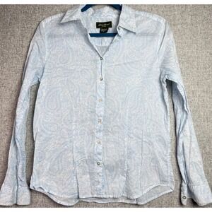 Eddie Bauer Sheer Blue White Floral Button Up Cotton Shirt MEDIUM Shabby Chic